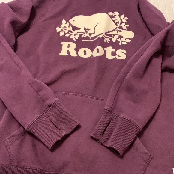 ROOTS sweatshirt hoodie kangaroo pocket drawstring hood purple eggplant medium - Picture 9 of 13